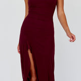 Moonlit Magic Asymmetric Neckline Maxi Dress Wine