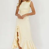Moonlit Magic Asymmetric Neckline Satin Ruffle Dress Butter