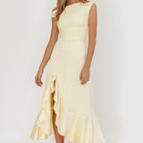 Moonlit Magic Asymmetric Neckline Satin Ruffle Dress Butter