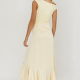 Moonlit Magic Asymmetric Neckline Satin Ruffle Dress Butter