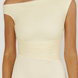 Moonlit Magic Asymmetric Neckline Satin Ruffle Dress Butter