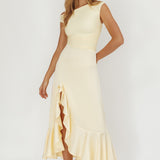 Moonlit Magic Asymmetric Neckline Satin Ruffle Dress Butter