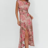Moonlit Magic Asymmetric Neckline Maxi Dress Floral Blush