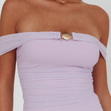 Moonlit Magic Off-Shoulder Split Maxi Dress Lilac