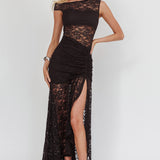 Moonlit Magic Asymmetric Neckline Lace Maxi Dress Black