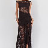 Moonlit Magic Asymmetric Neckline Lace Maxi Dress Black