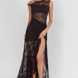 Moonlit Magic Asymmetric Neckline Lace Maxi Dress Black
