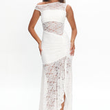 Moonlit Magic Asymmetric Neckline Lace Maxi Dress White