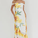 Moonlit Magic Off-Shoulder Split Maxi Dress Flower Yellow