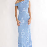 Moonlit Magic Asymmetric Neckline Embellished Maxi Dress Blue