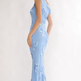 Moonlit Magic Asymmetric Neckline Embellished Maxi Dress Blue