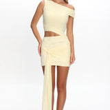 Moonlit Magic Asymmetric Neckline Mini Dress Yellow