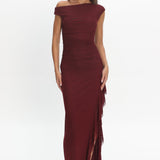 Moonlit Magic Asymmetric Neckline Slit Maxi Dress Wine