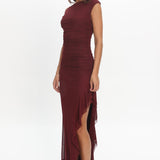 Moonlit Magic Asymmetric Neckline Slit Maxi Dress Wine