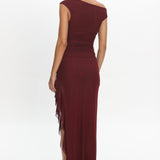 Moonlit Magic Asymmetric Neckline Slit Maxi Dress Wine