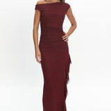 Moonlit Magic Asymmetric Neckline Slit Maxi Dress Wine