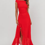 Moonlit Magic Asymmetric Neckline Maxi Dress Red