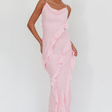 Panama Bay Ruffle Trim Cowl Neck Maxi Dress Pink