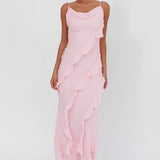 Panama Bay Ruffle Trim Cowl Neck Maxi Dress Pink