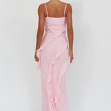 Panama Bay Ruffle Trim Cowl Neck Maxi Dress Pink