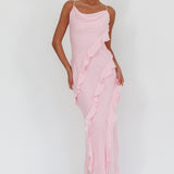 Panama Bay Ruffle Trim Cowl Neck Maxi Dress Pink