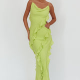 Panama Bay Ruffle Trim Cowl Neck Maxi Dress Sage