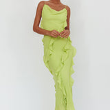 Panama Bay Ruffle Trim Cowl Neck Maxi Dress Sage