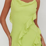 Panama Bay Ruffle Trim Cowl Neck Maxi Dress Sage