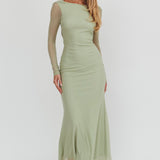 Lustre Open Back Mesh Maxi Dress Sage