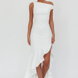 Lights On One-Shoulder Ruffle Hem Maxi Dress White