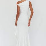 Lights On One-Shoulder Ruffle Hem Maxi Dress White