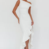 Lights On One-Shoulder Ruffle Hem Maxi Dress White