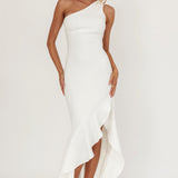 Lights On One-Shoulder Split Ruffle Hem Maxi Dress White