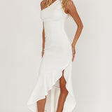 Lights On One-Shoulder Split Ruffle Hem Maxi Dress White