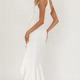 Lights On One-Shoulder Split Ruffle Hem Maxi Dress White