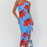 Lights On One-Shoulder Ruffle Hem Maxi Dress Floral Blue