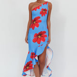 Lights On One-Shoulder Ruffle Hem Maxi Dress Floral Blue