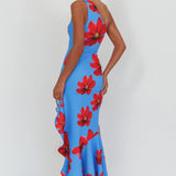 Lights On One-Shoulder Ruffle Hem Maxi Dress Floral Blue