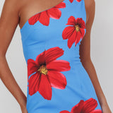 Lights On One-Shoulder Ruffle Hem Maxi Dress Floral Blue