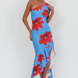 Lights On One-Shoulder Ruffle Hem Maxi Dress Floral Blue