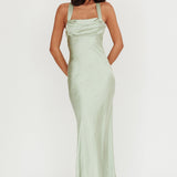 Favorite Part Crossover Back Satin Maxi Dress Sage
