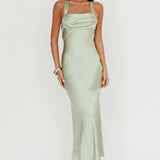 Favorite Part Crossover Back Satin Maxi Dress Sage