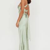 Favorite Part Crossover Back Satin Maxi Dress Sage