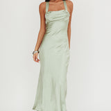Favorite Part Crossover Back Satin Maxi Dress Sage