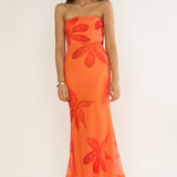 Minnesota Strapless Cowl Back Dress Floral Orange