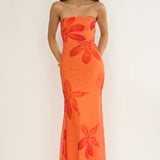 Minnesota Strapless Cowl Back Dress Floral Orange