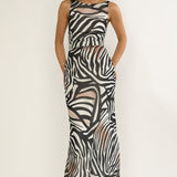 Floating Tied Low Back Maxi Dress Print Black/White