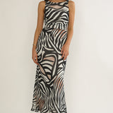 Floating Tied Low Back Maxi Dress Print Black/White