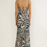 Floating Tied Low Back Maxi Dress Print Black/White