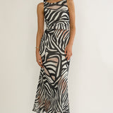 Floating Tied Low Back Maxi Dress Print Black/White